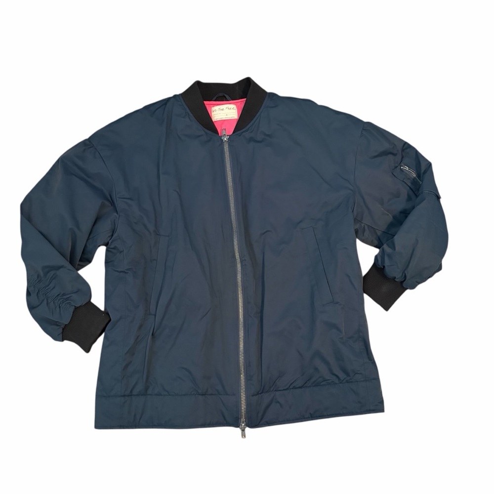 Free People Becca Bomber Jacket Oversized Dark Navy Blue Large - Picture 2 of 9